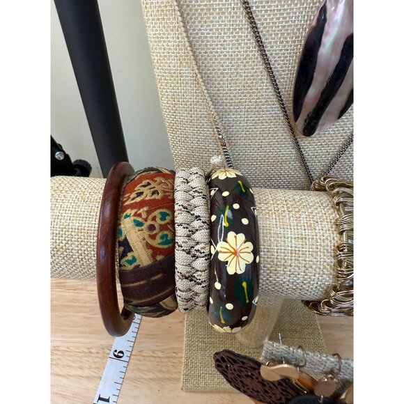 Bohemian Jewelry Lot With Necklaces Earrings & Bangles Neutral Tones Mixed Mater - Picture 12 of 13